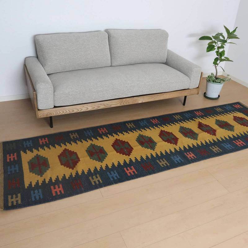 イラン・シラーズ産 キリム 細長 ランナー 287×83cm 手織り ラグ ウール 100% 洗える キッチンマット 廊下敷 ベッドサイド ロングラグ ホットカーペット対応 床暖房対応 ラグマット 絨毯 キリム柄 kilim(品番:KR-807)