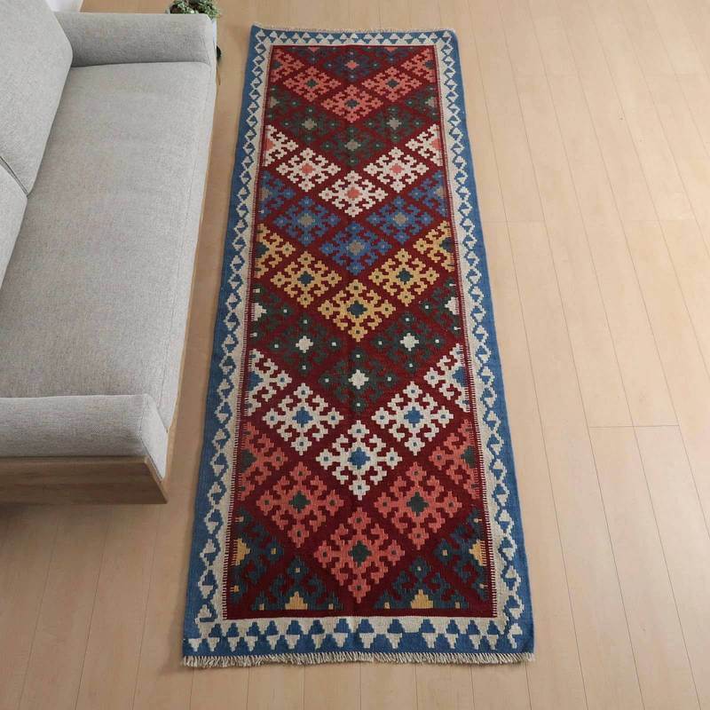 樂天商城 - イラン・シラーズ産 キリム 細長 ランナー 287×100cm 手織り ラグ ウール 100% 洗える キッチンマット 廊下敷 ベッドサイド ロングラグ ホットカーペット対応 床暖房対応 ラグマット 絨毯 キリム柄 kilim（品番:KR-809）