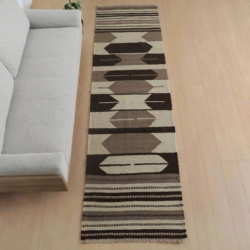 其它 - イラン・シラーズ産 キリム 細長 ランナー 298×82cm 手織り ラグ ウール 100% 洗える キッチンマット 廊下敷 ベッドサイド ロングラグ ホットカーペット対応 床暖房対応 ラグマット 絨毯 キリム柄 kilim（品番:KR-830）