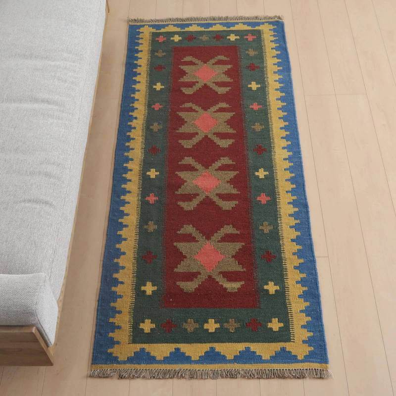 樂天商城 - イラン・シラーズ産 キリム 細長 ランナー 195×84cm 手織り ラグ ウール 100% 洗える キッチンマット 廊下敷 ベッドサイド ロングラグ ホットカーペット対応 床暖房対応 ラグマット 絨毯 キリム柄 kilim（品番:KR-993）