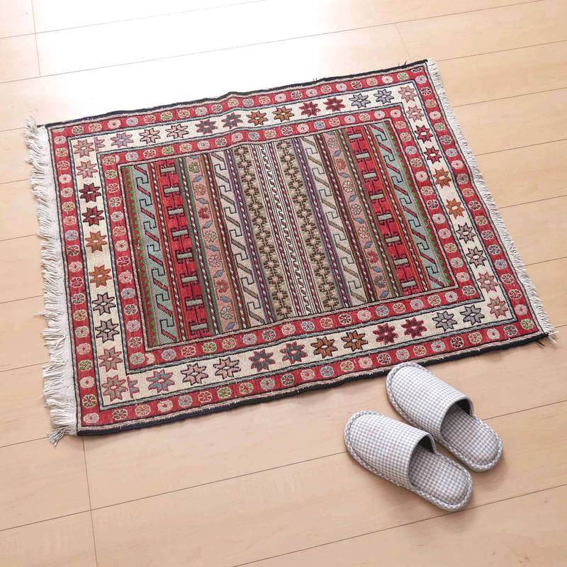 キリム イラン製 玄関マット97×78cm 手織り 小さめ ラグ ウール 100% おしゃれ 北欧 エスニック アジアン 夏用 洗える ホットカーペット対応 床暖房対応 ラグマット 絨毯 スマック織り アゼルバイジャン kilim 赤 （品番:KS-120） o-moon-10013267 キリム&絨毯・オリエンタルムーン サンプル画像2