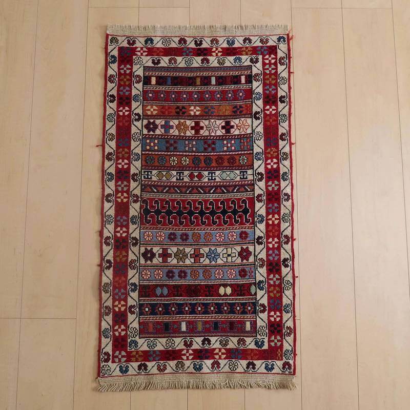 キリム イラン製 玄関マット96×54cm 手織り 小さめ ラグ ウール 100% おしゃれ 北欧 エスニック アジアン 夏用 洗える ホットカーペット対応 床暖房対応 ラグマット 絨毯 スマック織り アゼルバイジャン kilim （品番:KSS-757）のサムネイル