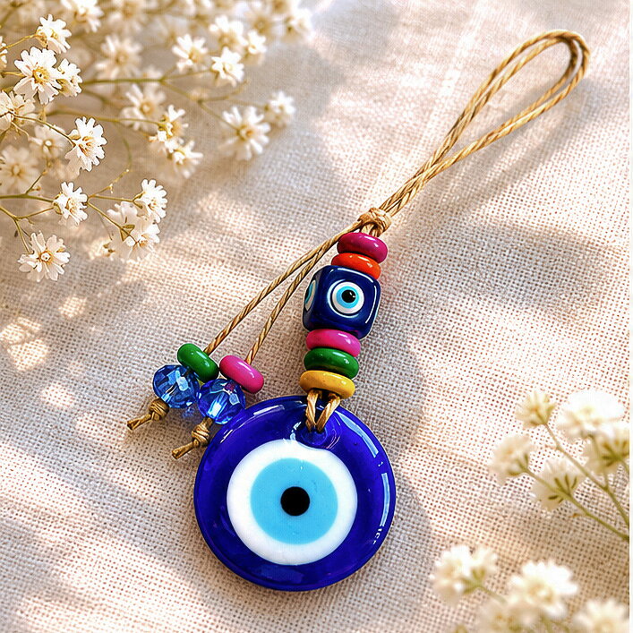 Rakuten - ナザールボンジュウ カラフルビーズ4センチ ナザルボンジュ【カラーお任せ】Nazar Boncug/Evel Eye 麻紐＆ビーズ飾り フェニキア時代より伝わるトルコのお守り v-96【メール便可】