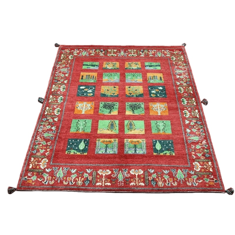 樂天商城 - ギャッベルリバフ イラン製 224×167cm 手織り 最高級 天然 ウール100% 草木染 リビングサイズ モダン ナチュラル 北欧 ラグ 絨毯 マット ラグマット ギャベ 床暖房対応 ホットカーペット対応 赤 窓 (HL-30697）
