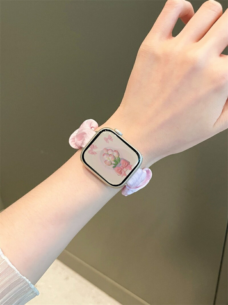 Apple Watch バンド アップルウォッチ 時計 腕時計 レディース スマート シュシュ シアー フリル かわいい 韓国 防水 ベージュ SE iPhone おしゃれ キラキラ 大人可愛い