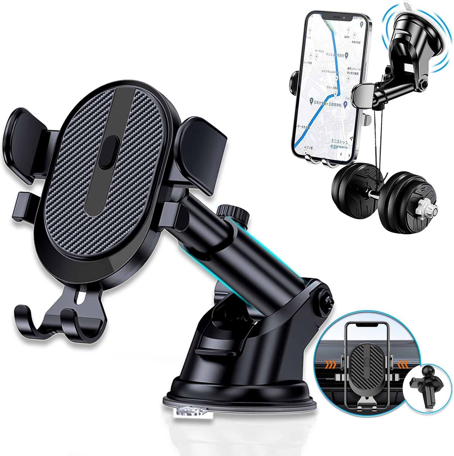 スマホホルダー 車 スマホスタンド【2024年進化/自由調整可能】 車載ホルダー 携帯ホルダー 車 2in1 超強力真空吸盤＆送風口兼用 カー用品 360度回転 伸縮アーム 片手操作 安定性拔群 取付簡単 人気 iPhone/Android4-7インチ多機種と99%車種が対応