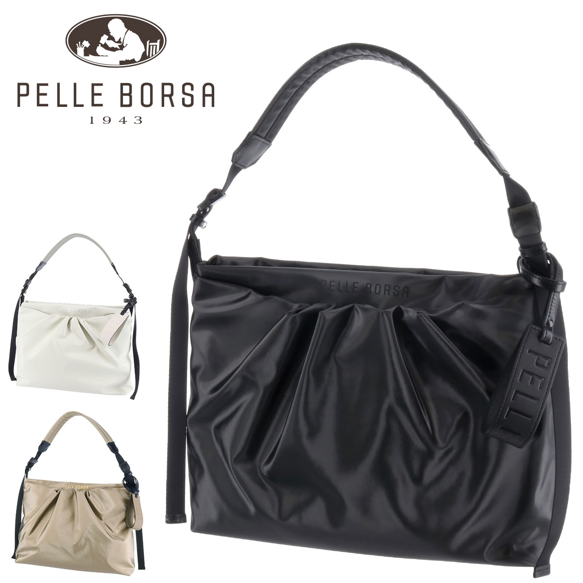 Rakuten - 『4/20限定 最大P14倍』ペレボルサ PELLE BORSA ショルダーバッグ Cheers チアーズ ギャザーショルダー 204675 ブラック アイボリー トープ レディース ポイント10倍 送料無料 誕生日プレゼント ギフト プレゼント ラッピング無料 スマホ 通勤バッグ
