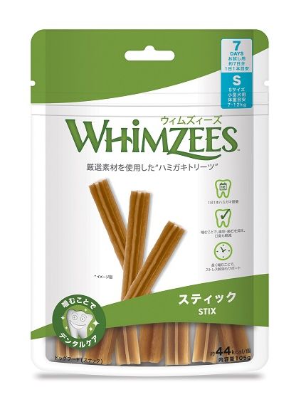 ウィムズィーズ スティック S 小型犬向け （体重7-12kg） 7個入り 105g8060172犬用 ペット フード オーラルヘルスケア ウィムズィーズの特徴 楽しく、そして長く噛み続けられる ・限定した植物性に厳選素材を使用。原材料は9種類に限定（主要7種類） ・小麦・トウモロコシ不使用 ・合成保存料・防腐剤不使用（しかしながら長期間保存可能） ・野菜中心/高い消化性 他のデンタルガムとの違い ユニークな形、噛み応えのある硬さで「遊びながらハミガキ習慣」 ★犬とペットオーナーが好むような面白い形状→機能性と楽しさを一緒に提供します。 ★噛み応えがある硬さで長くかむことができ、ハミガキ効果がアップします。 ★噛むことで歯垢や歯石を抑え、口臭を軽減します。 ★噛み応えがある硬さは噛むことでストレス軽減にも役立ちます。 ★種類の少ない原材料→安心な植物性の厳選素材を中心に9個（基本の主要成分は7個） ★合成保存料・防腐剤不使用 ★小麦・トウモロコシ不使用 ★高い嗜好性、高消化性、良質な繊維質 「噛み応え＝時間をかけること」が有効な製品 適度な硬い噛み応えで、長時間噛むことが出来ます。 ウィムズィーズの噛み応えは、よりしっかりと長時間噛むことが出来るよう設計されています。 　→噛む時間が増えることは、人が歯磨きに時間を掛けることで歯垢の除去を増やすのと同様に、 　　より多くの歯垢除去をサポートすることができます。 　→噛み応えがあることで、噛むことによるストレスの軽減にも役立ちます。 噛む時間の消費者調査では、ウィムズィーズのトリーツは30分、長いと1時間噛むことが出来ます。 独特の形状と噛み応え　楽しく長く噛むことが出来ます 機能と楽しさを一緒にしました ◆効果的な溝：歯の隙間に入る溝が噛むことをサポート ◆適度な隙間：形と隙間が滑りにくく噛みやすい ◆ユニークな形状：この形状を噛むことで口臭、歯垢・歯石の蓄積を予防し、健康的な口腔環境をサポート ◆効果的な原材料：食物繊維が噛むこと、そして歯磨きをサポート こだわりの原材料 植物性の厳選素材で数を限定しているので安心です。 じゃがいもでん粉（炭水化物源）・セルロース（繊維質源）・酵母（ビタミン、ミネラル、アミノ酸源） 麦芽エキス（風味、色調）・ルピナス（たんぱく質源）・グリセリン（食感の維持）・レシチン（乳化成分） 製品内容 賞味期限：製造から36ヶ月 成分：たんぱく質1.1％以上/脂質2.0％以上、4.3％以下/祖繊維13.7％以下/灰分2.4％以下/水分12.0％以下 代謝エネルギー：XS　約22kcal/1本　　S　約44kcal/1本　　M　約88kcal/1本　　L　約210kcal/1本 原材料名：じゃがいもでん粉、セルロース、酵母、麦芽エキス、ルピナス、グリセリン、レシチン スティックSサイズ 7個入り：105g/袋 ●メール便、定形外使用できません。 ●沖縄・離島 発送できません。 ●ご注文時のタイミングで在庫切れの場合がございます。 その場合入荷までお時間をいただくことがございます。 また、廃盤となっている場合もございますその際はご注文をキャンセルさせて頂く事がございます、ご了承ください。 buyee OK