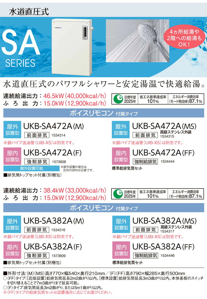 オアシスプラスの石油給湯器 SAシリーズ UKB-SA472A(F) CORONA（コロナ） 給湯+追いだき オート 屋内 強制排気 ボイスリモコン 直圧式 46.5kW｜アングル2