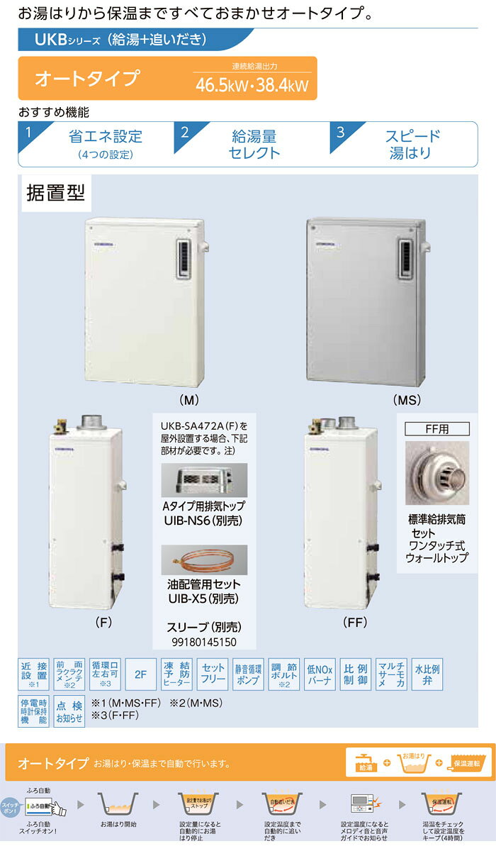 オアシスプラスの石油給湯器 SAシリーズ UKB-SA472A(F) CORONA（コロナ） 給湯+追いだき オート 屋内 強制排気 ボイスリモコン 直圧式 46.5kW｜アングル3