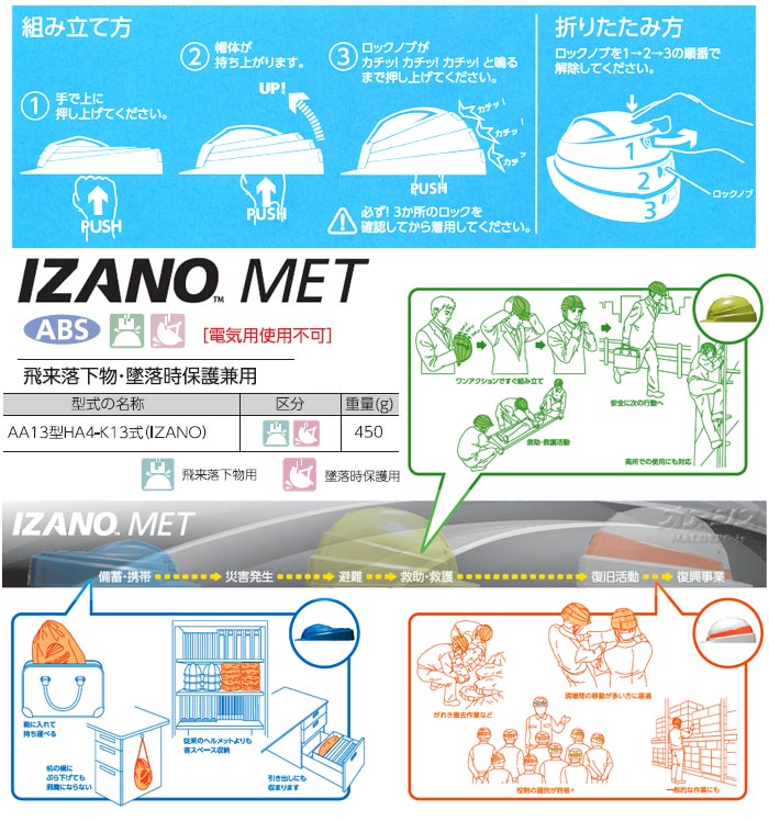 防災用折り畳みヘルメット IZANO MET (オレンジ/白) 国家検定品 AA13-O/W KP
