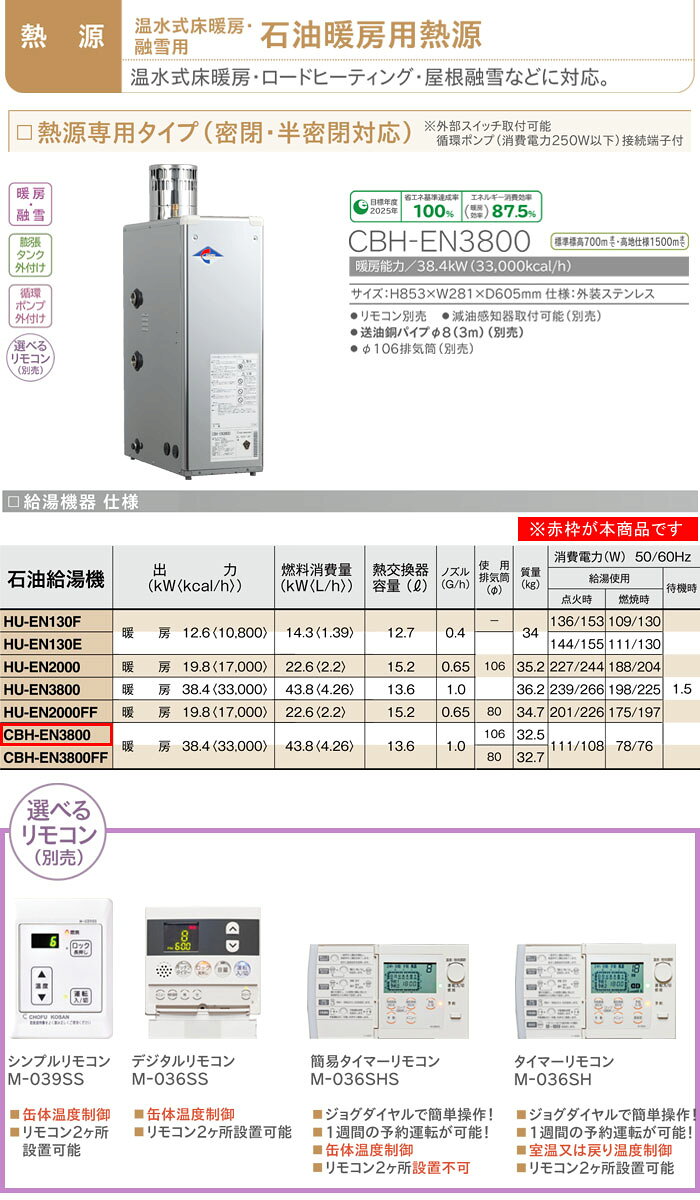 オアシスプラスの石油暖房用熱源ボイラー 熱源専用タイプ CBH-EN3800 長府工産 暖房・融雪 屋内外 38.4kW【期間限定価格】｜アングル2