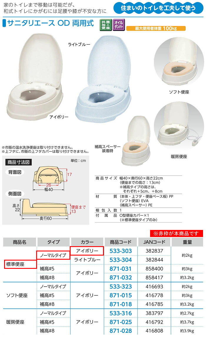 安寿 サニタリエースOD両用式 標準便座 ノーマルタイプ アイボリー 533-303 アロン化成 oasisu-10208167 オアシスプラス サンプル画像2