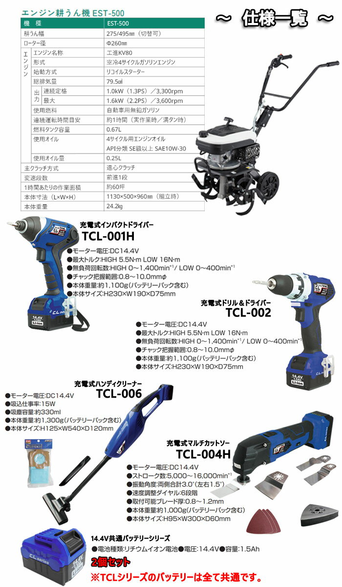 エンジン耕うん機 電動工具セット 79cc 移動用車輪付き バッテリー2個【数量限定】