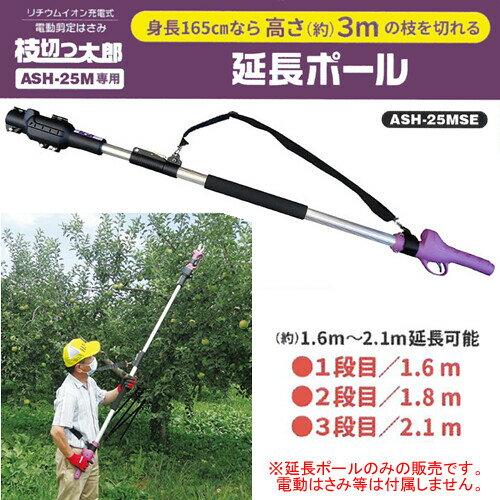 この商品と関連のある商品16.8V充電式 電動剪定はさみ 枝切っ太郎 ASH-25M 充電器・バッテリ2本・ケース付 最大切断径25mmアルミス 電動剪定はさみ 枝切っ太郎 ASH-25M専用 延長ポール ASH-25MSEアルミス 電動剪定はさみ 枝切っ太郎 ASH-25M専用 延長ポール ASH-25MSEアルミス(ALUMIS)の電動剪定はさみ 枝切っ太郎 ASH-25M専用 延長ポールです。　【仕様】　●材質: ポール/アルミ合金、樹脂部/ABS樹脂　●質量: 約1.1kg(※電動はさみ取付時は計2kg)※組立説明書の付属品梱包内容には六角棒レンチやスパナの記載がある場合、これらは誤記となります。　　本製品に工具類は付属しておりませんし組立に必要もございませんので、あしからずご了承願います。※メーカー直送品のため、欠品時には申し訳ございませんが　　納期にお時間を頂く、もしくはキャンセルとさせて頂く場合がありますので御了承下さい。※商品改良のため、仕様・外観など予告なく変更する場合があります。　　また画像と商品の色が若干異なる場合がありますのであらかじめ御了承下さい。注意事項届先名税込送料九州・本州・四国　送料無料北海道・沖縄(本島)・その他離島　配送不可・本製品は基本的には通常送料扱いですが、メーカーとの配送に関する取り決めの関係で北海道・沖縄・離島にはお届けできません。お届け先が該当地域の場合は自動的にキャンセル扱いとさせて頂きますが、あしからず御了承ください。システムの都合上、ご発注時の送料表示額が異なる場合がございますが、受注処理後に訂正致しますので御了承下さい。九州・本州・四国への送料は無料です。・本製品に関しては初期不良等を除き、返品・交換共にお断りさせて頂いております。また弊社手配後はキャンセルもできません。ご了承の上、お選び下さいます様お願い申し上げます。・本製品は他商品と同梱できません。注文について注意事項メーカー(提携先)からの直送となります。稀ではございますが欠品時は変動する場合もございますので、正確な納期はご注文の確認メールにてご案内させていただきます。