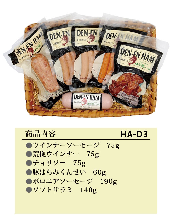 【送料無料】秋田 田園ハム オリジナルギフトセット [HA-D3]ウインナーソーセージ75g、荒挽ウインナー75g、チョリソー75g、豚はらみくんせい60g、ボロニアソーセージ190g、ソフトサラミ140g【秋田 田園 ハム はむ ギフト 贈り物 中元 歳暮 父の日 母の日 敬老】 2