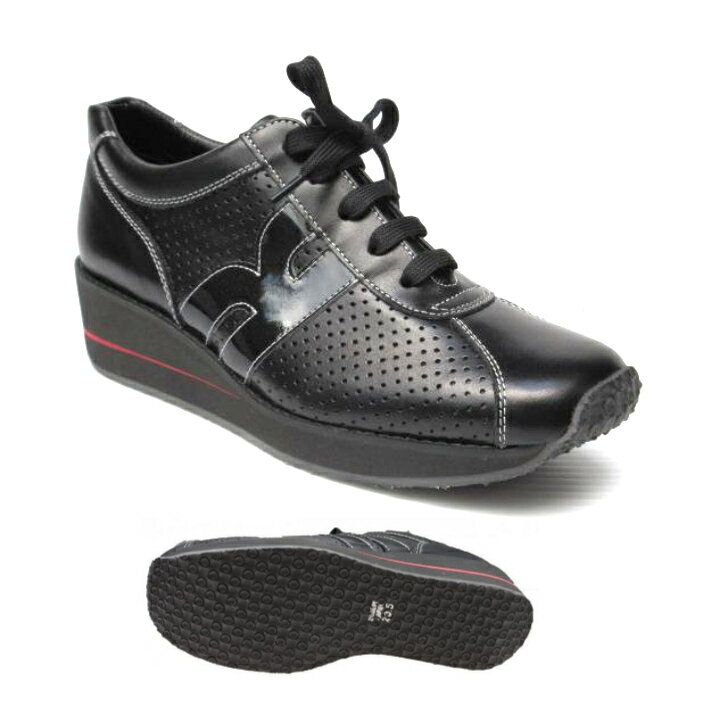 【送料無料】 ビタノバ 6967 ブラック/C VITA NOVA 婦人 レディース ファスナー付き 本革 牛革 カジュアル ウォーキング シューズ レザー スニーカー ウエッジソール