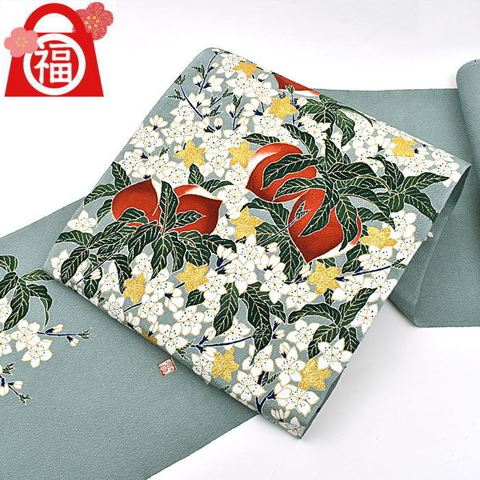 ★新春福袋★ 東京友禅 染色家 二代目 久呂田明功 作 真糊本糸目 桃 鬼しぼ浜縮緬 九寸 名古屋帯 正絹 日本製【帯専門店おびや】お仕立て代込！送料・代引き無料！[商品番号：20326]のサムネイル