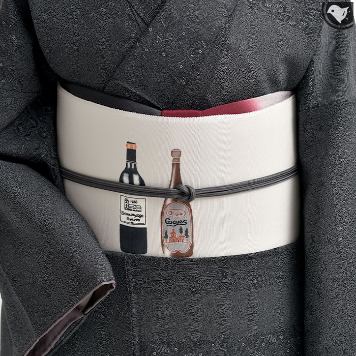 名古屋帯 新潟 十日町友禅 別注 Wine bottle 九寸 名古屋帯 おびやオリジナル 正絹 日本製【帯専門店おびや】お仕立て代込！送料・代引き無料！[商品番号：20918]