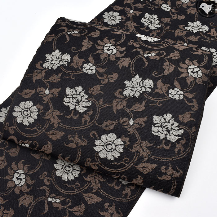 西陣織 老舗 山下織物 謹製 本場奄美大島 泥草木染め糸 唐花文様 九寸 名古屋帯 正絹 日本製 送料・代引き無料！[商品番号：21757]