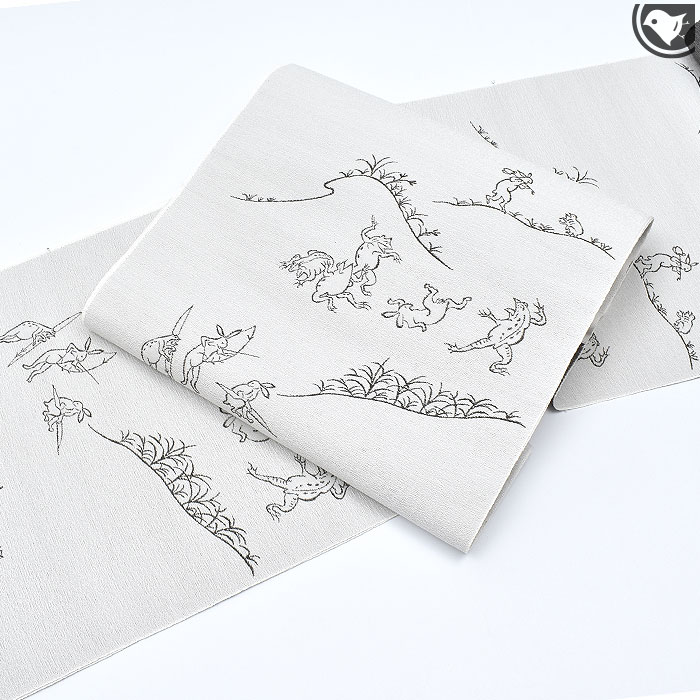 【専用】仕立て代込新品 正絹 九寸帯 名古屋帯 スリーシーズン 鳥獣戯画 雪輪 鳥獣人物戯画 思わず「可愛い―！」と叫んでしまいます。型糸目友禅九寸