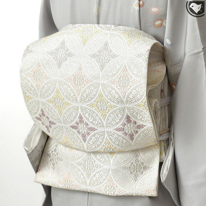 【オーダー商品】(銀ベース)＊河合美術織物 謹製 唐織り 西陣織 能寿笹竜胆七宝文 袋帯 白 正絹 日本製..