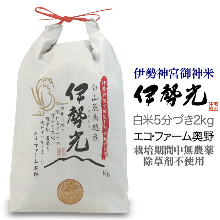 令和5年度産 イセヒカリ2kg 白米or5分付き 石川県白山市産 エコファーム奥野三重県伊勢神宮御神米 奇跡の米 伊勢光(いせひかり)気候変化に強く、栽培期間中無農薬・除草剤不使用食味値が平均80以上の美味しいお米、心白が大きい酒造好適米