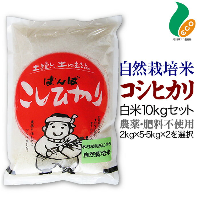 令和5年度産 自然栽培米 コシヒカリ 白米 10kgセット 送料無料米農家ばんばのお米 無農薬 肥料不使用米本来の味と香りで玄米特有の癖がないあっさり味2kg×5or5kg×2から選択こしひかり10キロ ギフト 食物繊維 特別栽培米 石川県エコ農産物