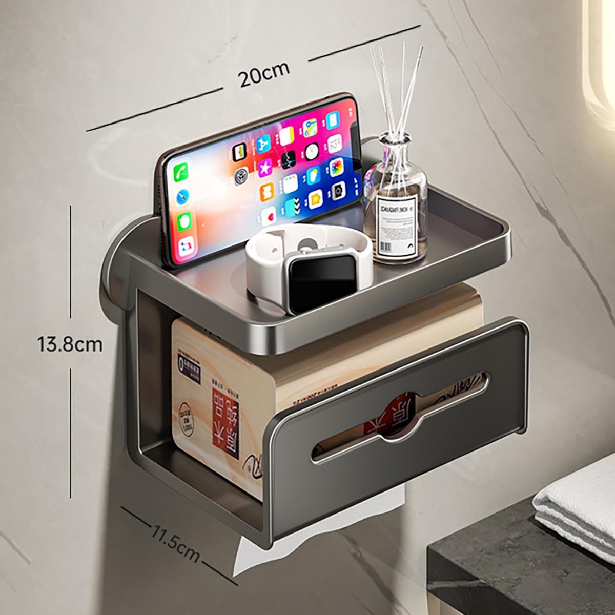 ティッシュケース バスルーム、洗面台壁掛け式 ティッシュボックス 上部には小物も置けます (ライトブラック)