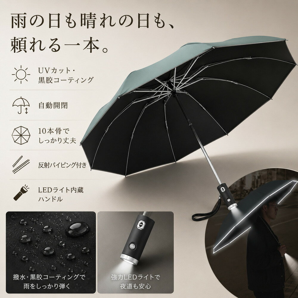 Rakuten - 折りたたみ傘 逆さ傘 逆折りたたみ傘 手元ライト付き 懐中電灯付き 反射テープ リフレクターライン 足元ライト 雨傘 防水 撥水 メンズ レディース 通勤 通学 夜道 安全 散歩 お迎え