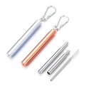 ステンレスストロー 2本 ストロー 折り畳み式 ロング ポケットストロー 携帯 キーホルダー ストローブラシ 伸縮式 アルミケース付き (ローズゴールド&シルバ...