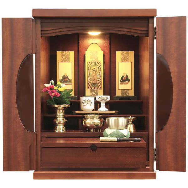 仏具セット付き ミニ仏壇 モダン仏壇 セピア18号 マコーレ ガラス扉 LEDライト 照明付き おしゃれな小型仏壇 マンション リビングに最適 家具調 インテリア コンパクト 仏壇セット 北欧 かわいい 全宗派対応（浄土真宗・曹洞宗・日蓮宗など）