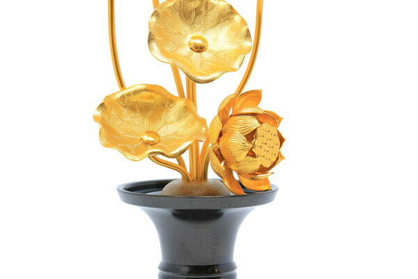 常花セット（花瓶付）5号 7本立 一対（2個セット） 黒花瓶 総高25.5cm アルミ常花 常花 ミニ常花 セット 日本製 国産 華瓶付 真鍮色付きの花瓶、アルミの金メッキ花 水瓶 花瓶 仏花 仏壇の花 ミニサイズ コンパクト ご本尊の前の花 小常花 造花 蓮の花 仏具 仏壇用 金色の花 2