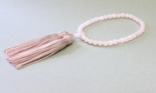 数珠 女性用 片手数珠 ローズクォーツ 正絹房 全宗派対応 桐箱・数珠袋付 日本製 【送料無料!! 数珠袋付!!】