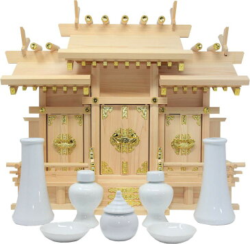 神棚 屋根違い三社 中 神具セット 雲シール付 日本製 国産檜 【送料無料!!】