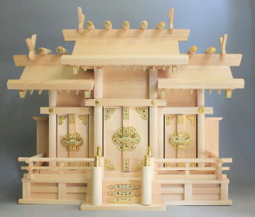 神棚 屋根違い三社 中 神具セット 雲シール付 日本製 国産檜 【送料無料!!】