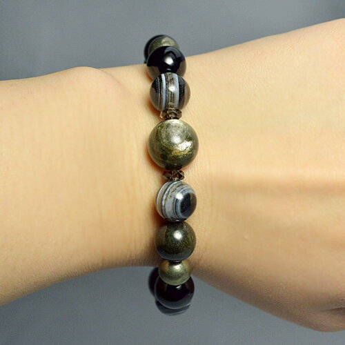 天然石 ブレスレット 強運財運 大玉バージョンゴールデンブラックマイカ 天眼石 オニキス ゴールデンオブシディアン パイライト スモーキーカット【メール便不可】