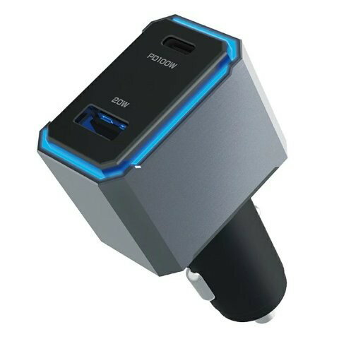 ●車のDCソケットを2ポートのUSB電源に変換。●USB PD充電のノートPCにも使える高出力タイプ。●USB-Cポート　USB PD(Power Delivery)規格対応：最大100W。　出力自動切替 20V 5A, 15V 3A, 12V 3A, 9V 3A, 5V 3A※PD充電はPD対応のケーブルが必要です。※60Wを超える出力は対応のUSB-Cケーブルを接続する必要があります。※USB PD規格に非対応の端末を接続した場合は5V出力になります。●QC3対応USB-Aポート：最大20W　出力自動切替 12V 1.67A, 9V 2.22A, 5V 3A　自動識別IC搭載、端末に合わせて最適に充電。※QC3に非対応の端末を接続した場合は5V出力になります。●12V/24V車兼用。●ソケット周りに鮮やかに照らす、青色イルミLED搭載。※USBケーブルは付いておりません。各機器の純正ケーブルをご用意ください。※データ通信に対応していないUSBケーブルを使用した場合、自動識別できません。※ご使用中、ご使用直後は高温になる場合があります。根元部分にお手を触れないようご注意ください。※高温時は過熱保護機能により出力制限することがあります。本体色:ブラック入力電圧:DC12V/24V　マイナスアース車出力 USB-Cポート:PPS対応（USB PD対応端末）最大100W(20V 5A, 15V 3A, 12V 3A, 9V 3A, 5V 3A)（USB PD非対応端末）最大15W(5V 3A)出力 USB-Aポート:（QC3対応端末）最大20W (12V 1.67A, 9V 2.22A, 5V 3A)（QC3非対応端末）最大15W(5V 3A)出力 同時使用時:2ポート同時：C最大100W, A最大20W / 合計最大120W使用温度範囲:0〜40℃本体サイズ/重量:44W×80H×28Dmm / 55gご注文時の状況によりお届けまでに長い期間を要する場合がございます。お急ぎの場合は、お問い合わせください。