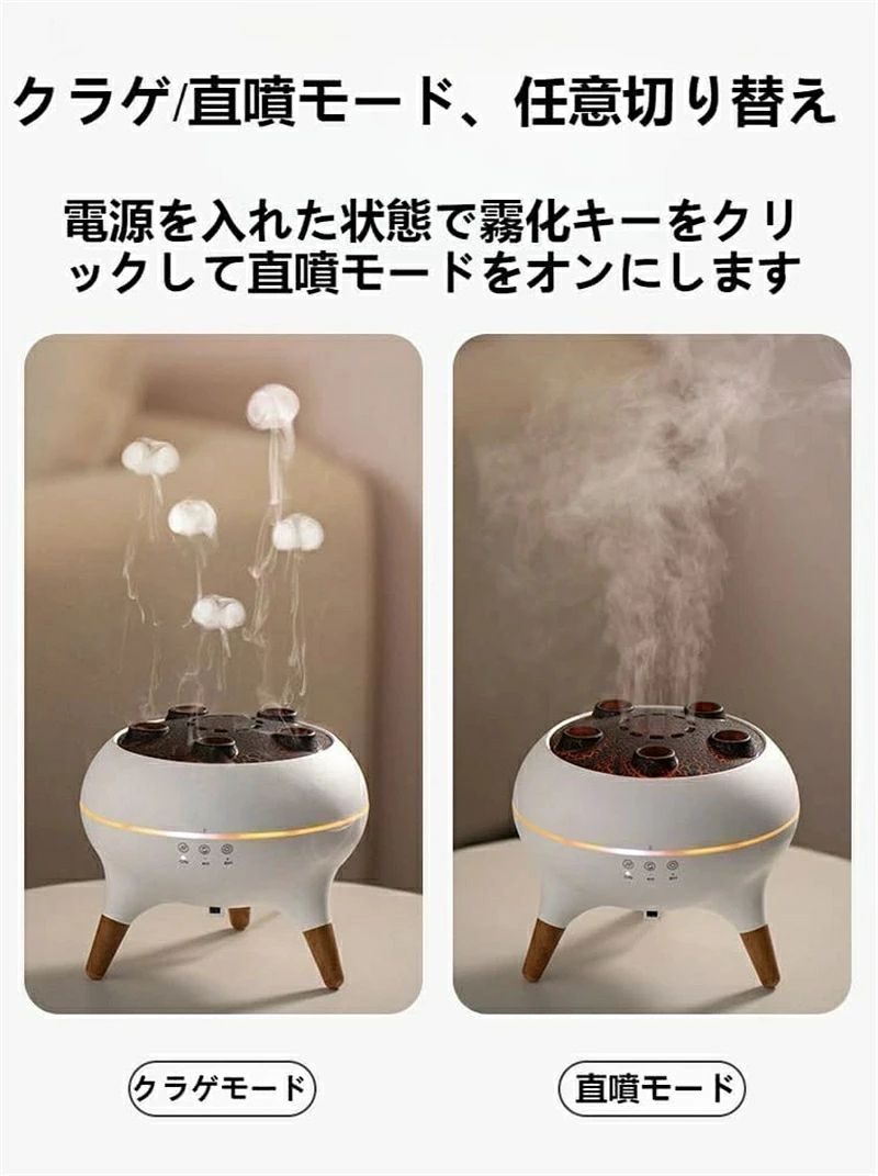 お部屋の乾燥対策と癒やしの空間を同時に叶える、新感覚の音声操作対応アロマ加湿器が登場しました。 最大の特徴は、音楽のリズムや音声に反応して、煙がクラゲのようにふわふわと踊りだす「クラゲモード」 。まるで水槽の中のクラゲのように優雅に漂うミストは、見ているだけでリラックスでき、SNSでも話題間違いなしの神秘的な光景をお楽しみいただけます。もうひとつの「ストレートミストモード」 では、従来の加湿器のようにしっかりと湿度を補給。ご用途やお気分に合わせて、2種類の噴霧モードをお選びください。 本体には7色に変化する優しいLEDライトを内蔵。お部屋が一気にムーディーな空間に早変わりします。就寝時のナイトライトとしてもお使いいただけます。 付属のワイヤレスリモコンで、ソファやベッドに寝たままでもらくらく操作可能。大口設計でお水の補充やお手入れも簡単です。水切れ自動オフ機能付きで、安心してお使いいただけます。 “見て楽しい”、“使って便利”なこの一品で、あなたの日常に豊かな潤いと安らぎをプラスしてみませんか？ 【主な特徴】 音感応答機能：音楽のビートや声に反応して、ミストの噴射が変化します。 2WAY噴霧モード：「躍動するクラゲモード」と「集中加湿のストレートモード」を切り替え。 7色変化ムードライト ワイヤレスリモコン：離れた位置からでも全ての操作を簡単に行えます。 安心設計：水切れ時には自動で電源オフ。大口設計でお手入れ簡単。 アロマ対応：お好みの精油を数滴垂せば、お部屋中が心地よい香りに包まれます。 【製品仕様】 製品名: スマートアロマ加湿器 製品サイズ: 約 幅160×奥行160×高さ140mm 噴霧量: 15-30mL/h 水タンク容量: 250mL 注意事項 ※お問い合わせとメールを承りますので、質問や苦情を相談して有効に解決しましょう。勝手に悪いレビューをしないでお願い致します。 ※背景の小物等は撮影用のイメージで、商品には含まれません。 ※商品仕様は、予告無く仕様変更される場合がございます。予めご了承下さい。 ※実店舗と在庫を共有しているため、突然の売り切れの可能性があります。 ※モニターの発色具合によって、実際の色と異なる場合があります。
