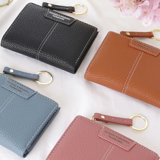 Rakuten - レザー調 キーリング付き センター ステッチ 二つ折り ウォレット 女性 レディース 財布 コインケース 小銭入れ 合皮 フェイクレザー マ