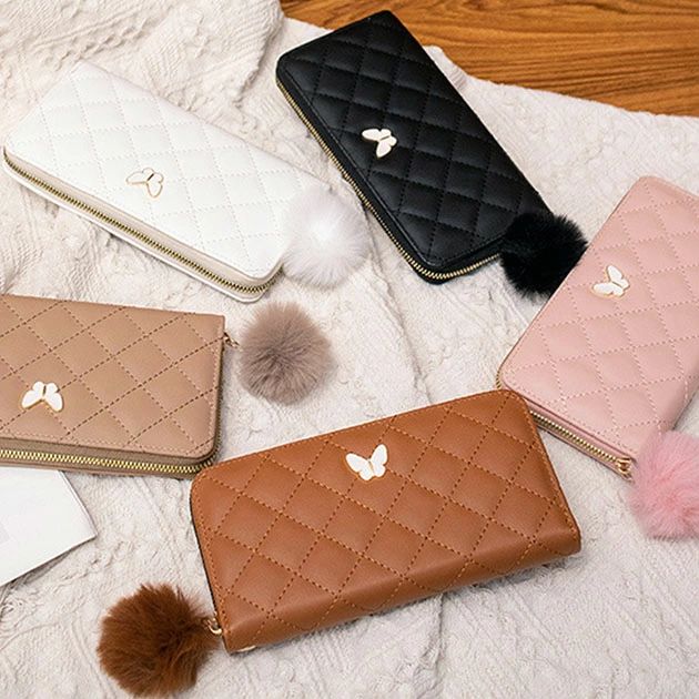 バタフライモチーフ付き レザー調 キルティング ロング ウォレット 女性 レディース 紙幣 長財布 カード入れ ケース 小銭 大容量 蝶々