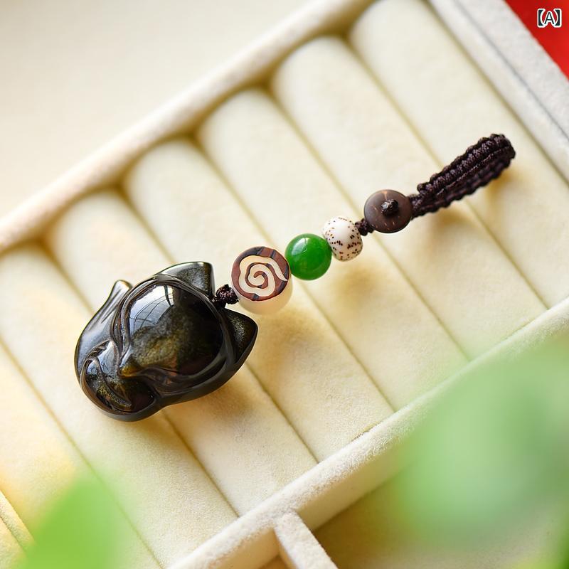 【送料無料】キーホルダー メンズ レディース ペンダント アクセサリー 黒曜石 桃花 キツネ ストラップ 携帯 ストラップ ギフト