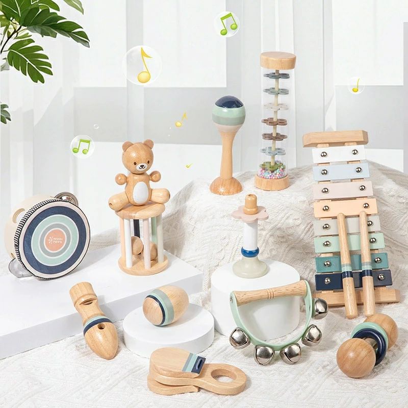オルフ楽器セット 木製赤ちゃん知育玩具 鉄琴 ラトル 雨音筒付き ベビーあやしグッズ 無垢木製オルフ ...