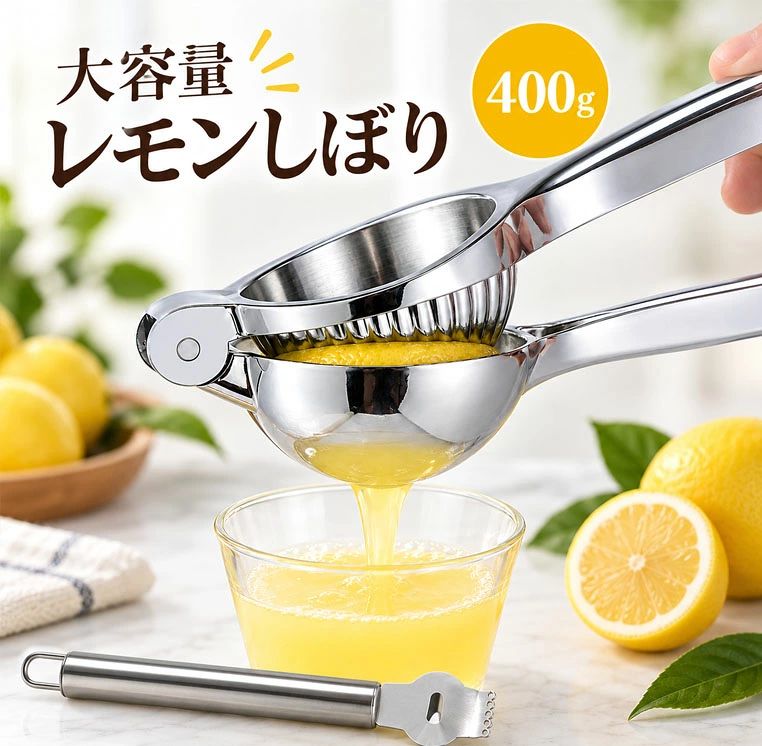 レモン絞り器 レモン絞り ハンドジューサー 手動 フルーツ絞り器 直径7cm ステンレス色 ハンドジューサー 手動ジューサー 果汁 レモンプレス レモンしぼり器具 フルーツしぼり器具 絞り器 シルバー 母の日 プレゼント ギフト 無駄なく搾りきる設計 無駄なく搾りきる設計：精密に作られたフィット構造が果肉をしっかりプレス。最後の一滴まで果汁を搾り出します。握りやすいロングハンドル：手が疲れにくく、女性や力の弱い方でも楽に搾れます。お手入れ簡単：シンプルな構造で水洗いがスムーズ。ザルや食器洗い機に対応しやすい（※耐熱・洗浄機の使用可否はご確認ください）衛生的な設計です。おしゃれなシルバー仕上げ：キッチンのインテリアに馴染む、高級感のあるメタリックな質感です。【おすすめシーン・ギフト】新鮮なレモネードやサラダのドレッシング、お魚料理のアクセントなど、毎日の料理や飲み物作りに大活躍。母の日や父の日、新生活のプレゼント、キッチン用品のギフトとしても大変喜ばれます。 5