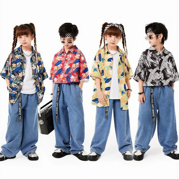 ダンス衣装 キッズ 男の子 女の子 セットアップ 上下セット 子供服 花柄シャツ アロハシャツ 夏 夏服 総柄 花柄 シャツ 半袖 開襟 デニムパンツ ダンスウエア ヒップホップ 練習着 レッスン着 舞台 ステージ衣装 原宿系 HIPHOP k-pop