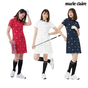 レディース marie claire マリ・クレール ワンピース ゴルフウェア 鹿の子素材 ポロシャツ 花柄 接触冷感 ネイビー レッド ホワイト 712403 春 夏 クリアランスセール セール