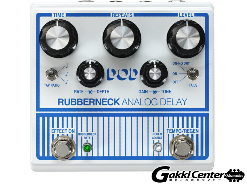 DOD Rubberneck Analog Delay DOD Rubberneck Analog Delayは、1秒を超えるディレイ・タイムを設定でき、ウォームで豊かな音色を備えた100%アナログ回路によるディレイ・エフェクターです。 ディレイ効果をストレッチするラバーネック効果、タップ・テンポ、テール効果など、多彩なディレイ効果を演出する機能を備えています。 2つの2軸ノブにより、モジュレーション・レートとデプス、ディレイ信号のゲインとトーンを独立してコントロールがすることができるユニークな機能を持ったアナログ・ディレイです。 またディレイ信号に他のエフェクターを接続できるセンド・リターン端子も装備しています。 トゥルー・バイパスですので、エフェクト・オフ時にオリジナル信号を劣化させることもありません。 電源は別売のパワーサプライを使用します。 ‐ Specifications ‐ コントロール TIME，REPEATS，LEVEL，RATE / DEPTH，GAIN / TONE，RUBBERNECK RATE，REGEN ADJUST，TAP RATIO Switch，TAILS Switch，EFFECT ON / RUBBERNECK Foot Switch，TEMPO / REGEN Foot Switch ジャック INPUT，OUTPUT，SEND / RETURN (TRS)，Foot Switch (TRS) インプット・インピーダンス 500k Ohms (エフェクト・オン時) アウトプット・インピーダンス 1k Ohms (エフェクトオン時) インプット・インピーダンス トゥルーバイパス (エフェクトオフ時) アウトプット・インピーダンス トゥルーバイパス (エフェクトオフ時) 電源 PS0913DCパワーサプライ(別売) 消費電流 150mA (9V標準) サイズ 122(L) × 119(W) × 55(H)mm (ゴム足含まず) 重量 506g 別売のデジテックFS3Xを接続することでRubbernecking，Modulation On/Off，Tap Tempo /Regenのフットスイッチでの操作が可能。