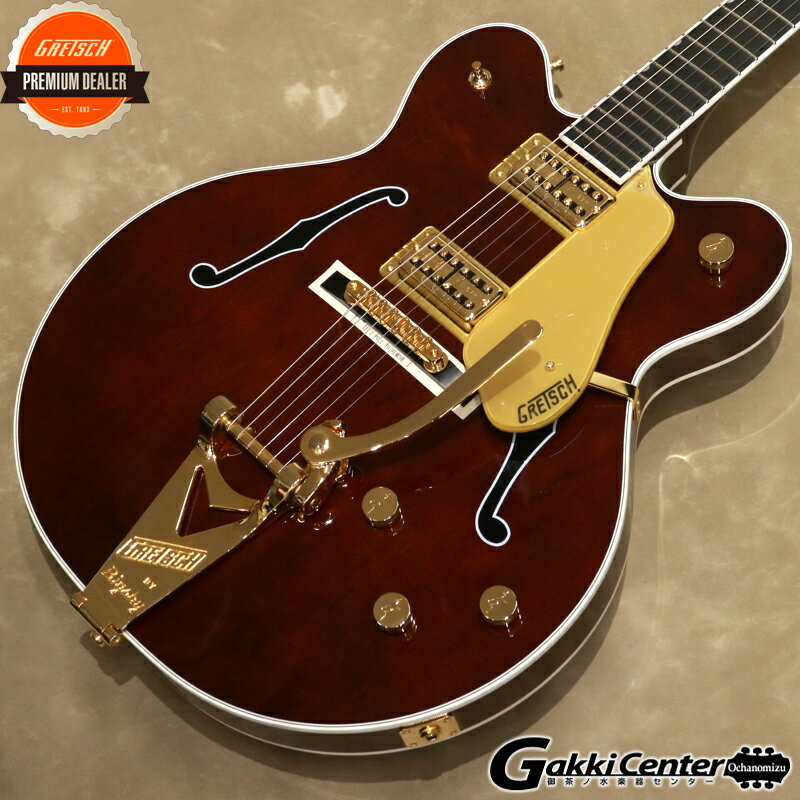 G6122TG Players Edition Country Gentleman Hollow Body with String-Thru Bigsby and Gold Hardwareは、革新的な技術を融合させた、洗練されたプレイヤー向けのギターです。 パラレルブレイシングが、2インチ厚のメイプルボディから豊かなホロウボディサウンドを実現します。 Electrotoneスタイルのボディは1960年代のヴィンテージデザインを踏襲しており、薄めの奥行き、Fホールデザイン、密閉されたトップにより、フィードバィクしづらい構造とエンハンスされたローエンドが特徴です。 新開発のFT-67 Filter’TronTMハムバッカーは、Gretschの正統なヴィンテージヴォイシングを再現しつつ、現代の演奏スタイルに合わせてより幅広いトーンが得られます。 このパワフルな2基のピックアップは、オープンでピュアなトップエンド、艶のあるミッドレンジ、力強いローエンド、バランスの取れたハーモニクスを提供し、他の楽器とシームレスに調和するトーンを実現します。 ブリッジとネックの独立したボリュームコントロール、3ウェイピ;ックアップスイッチング、No-Loadマスタートーンとマスターボリュー ムなどのコントロールにより、多彩なトーンバリエーションを実現します。 スムーズなヴィンテージトーンを実現する”Squeezebox”コンデンサーや、ボリュームを下げてもサウンドの透明度を損なわない新開発のトレブルブリード回路を搭載します。 25.5インチスケールのメイプルネックには、エッジ処理を施した12インチラジアスのエボニー指板、22本のミディアムジャンボフレットを配し、スタンダードなUネックシェイプが快適な演奏を可能にします。 Bigsby B6GPビブラートテイルピースとAdjusto-Maticブリッジに加え、Graph Tech TUSQ XLナットを採用することで、チューニングの安定性を高めます。 Bigsbyテイルピースはストリングスルー仕様で、弦の交換が素早くできるだけでなく、振動の伝達を高めてサスティンを向上させます。 Walnut Stainのグロスウレタンフィニッシュ、ゴールドのGrover Imperialロッキングチューナー、ゴールドGアローコントロールノブ、ホワイトバインディングのネックとボディ、Fホールデザイン、印象的なパーロイドNeo Classicサムネイルインレイ、Gretschロゴ入りゴールドヴィンテージピックガードなど、本モデルは生き生きとした演奏のパートナーであり、洗練された雰囲気を醸し出します。 ハードケースが付属します。 -Specifications- ■Body Shape: Country Gentleman ■Cutaway: Double Cutaway ■Body: Laminated Maple ■Body Top: Arched Laminated Maple ■Body Back: Arched Laminated Maple ■Bracing: Parallel Bracing ■Neck Material: Maple ■Neck Finish: Gloss ■Neck Shape: Standard "U" ■Scale Length: 25.5" (648 mm) ■Fingerboard: Ebony ■Fingerboard Radius: 12" (305 mm) ■Number of Frets: 22 Frets ■Fret Size: Medium Jumbo ■Nut: Graph Tech TUSQ XL ■Nut Width: 1.6875" (42.86 mm) ■Position Inlays: Pearloid Neo-Classic Thumbnail ■Bridge Pickup: FT-67 Filter’Tron ■Neck Pickup: FT-67 Filter’Tron ■Controls: Volume 1. (Neck Pickup), Volume 2. (Bridge Pickup), Master Volume w/ Treble Bleed, Master Tone w/ No-Load Pot ■Pickup Switching: 3-Position Toggle: Position 1. Bridge Pickup, Position 2. Bridge And Neck Pickups, Position 3. Neck Pickup ■Bridge: Adjusto-Matic with Pinned Ebony Base ■Tailpiece: Bigsby B6GP String-Thru ■Tuning Machines: Grover Imperial Locking ■Pickguard: Gold Plexi with Black Gretsch Logo ■Control Knobs: Gold ■Color: Walnut Stain ■Finish: Gloss ■Strings: Nickel Plated Steel (.011-.049 Gauges) ■Case: Hardcase ■Weight: 約3.35kg