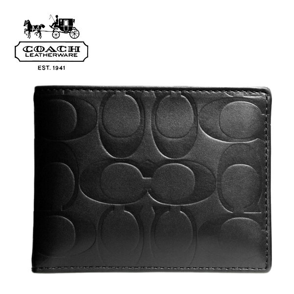 コーチ メンズ 財布 COACH MENS 本革 レザー シグネチャー 型押し 二つ折り財布 定期入れ付 ブラック 黒【F74064 BLK】【シグネチャー エンボスド パスケース ID ウォレット】【アウトレット】【送料無料】のサムネイル