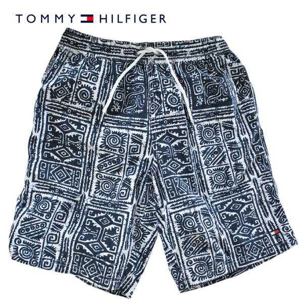 トミーヒルフィガー 水着 TOMMY HILFIGER 海パン メンズ 紳士用 スイムウェア ショーツ パンツ 総柄 ホワイト/ネイビー 白/紺